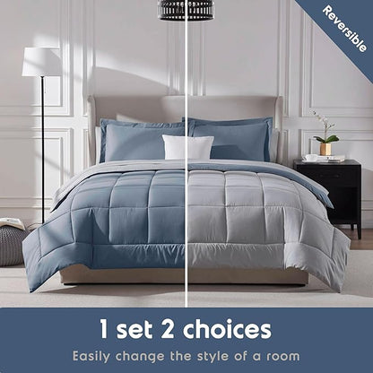 Nestl 7 Piece King Comforter Set – Stone Blue Reversible Bed in a Bag – Complete King Size Bedding Set with Sheets, Pillowcases and Shams