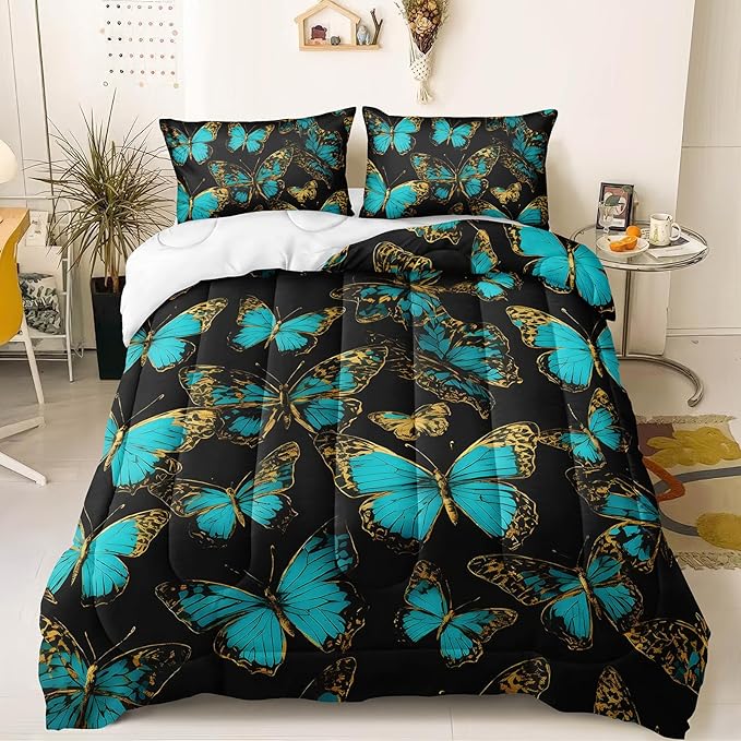 Black and Gold Butterfly Comforter Aqua Butterfly Bedding Set Boho Chic Flying Butterflies Fairy Teal Blue Bedding Black Gold Bed in a Bag Full Size Bed Comforter Set