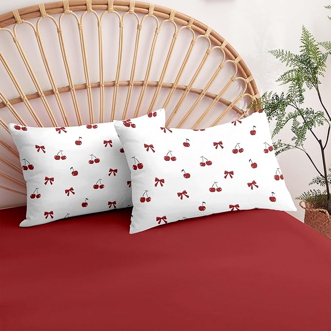 Nayoroom Red Cherry Comforter Set Queen Size Cute Bow Comforter 3 Pieces Soft Lightweight Kids Girls Aesthetic Dorm Bedding Set for All Seasons