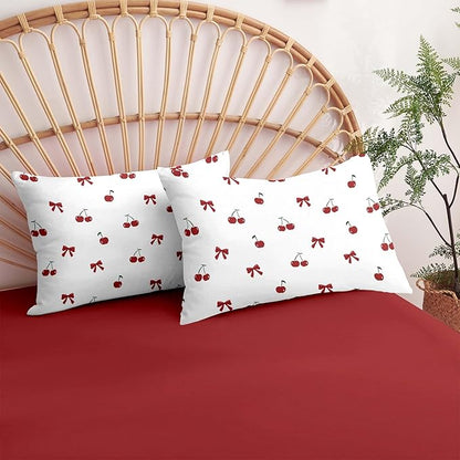 Nayoroom Red Cherry Comforter Set Queen Size Cute Bow Comforter 3 Pieces Soft Lightweight Kids Girls Aesthetic Dorm Bedding Set for All Seasons