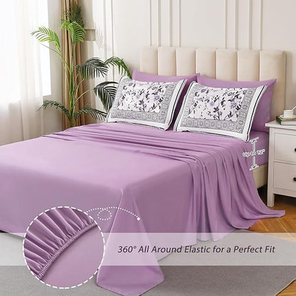 Dobuyly Purple Comforter Set Queen Size, 7 Piece Bed in a Bag Queen Floral Botanical Bedding Set, Soft Microfiber Bedding Comforter Sets with Sheets for All Season