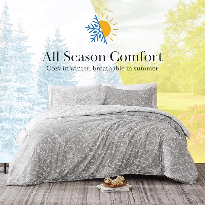 Southshore Fine Living, Inc. Comforter Set Queen Size, Hotel Quality Bedding, Floral Bed Spread with Matching Shams, Reversible Print is 2 Colors in 1, Fits Queen & Full Beds, Winter Brush Grey/White