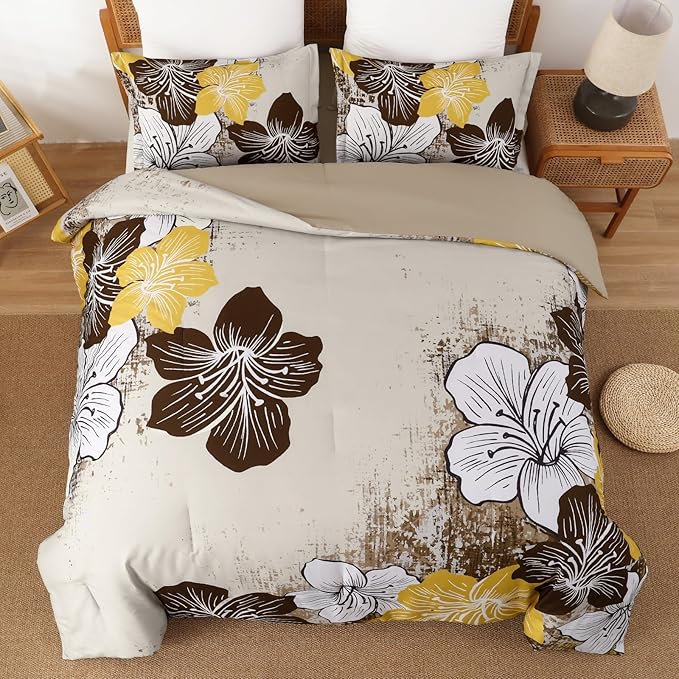 Menghomeus Brown Floral Comforter Set King Ombre Brown Bedding Lightweight Microfiber Bed Comforter for All Season, 3 Piece Flowers Comforter with 2 Pillowcases