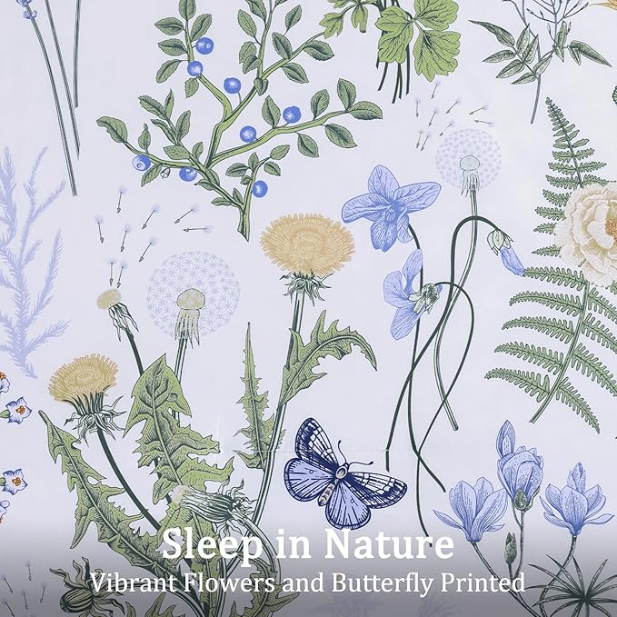 Yiran Queen Comforter Set, 7 Pieces Blue White Floral Soft Bedding Sets, Queen Bed in a Bag with Botanical Flowers All Season Comforter, Sheets, Pillowcases & Shams