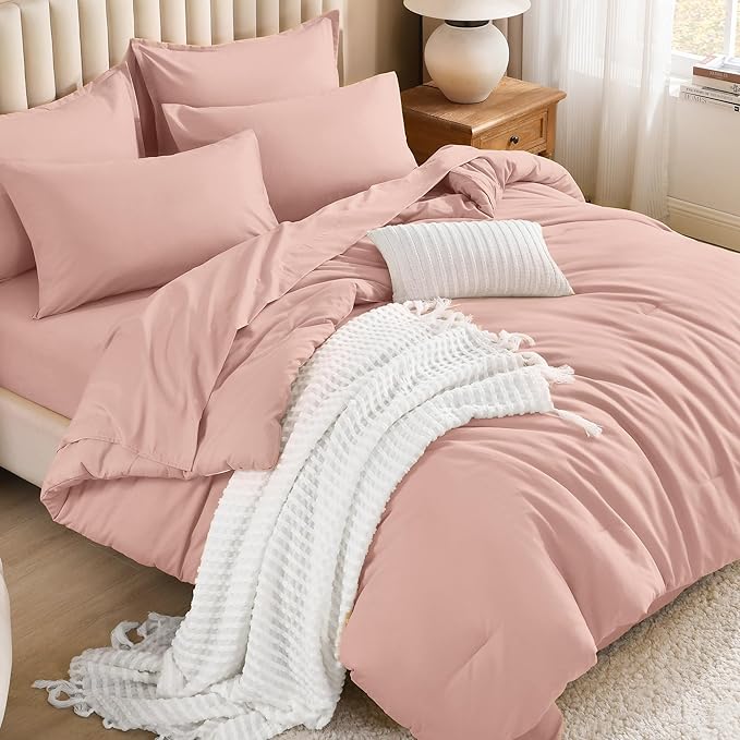 Litanika Comforter King Size Set Blush Pink - 7 Pieces Bed in a Bag King Bedding Comforter Sets, Plain Lightweight Bed Set with Comforter, Sheets, Pillowcases & Shams