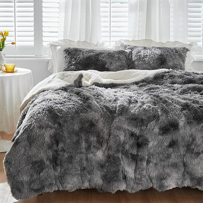 Luxury Faux Fur Shaggy Comforter Set Twin Size, Plush & Sherpa Reversible Comforter Tie Dye Black, 3 Pieces Fluffy Fuzzy Bedding Set Ultra Soft and Warm for Winter (1 Comforter + 2 Pillowcases)