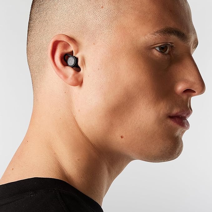 Hears Plus Ear Plugs for Noise Reduction - Patented Reusable Concert Earplugs, 25dB SNR Sound Reduction, Hypoallergenic for Musicians, Motorcycle and Sleeping with 4 tip Sizes - Jet Black