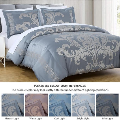 Chezmoi Collection Valor 7-Piece California King Bed in a Bag, Grayish Blue/Gray Luxury Jacquard Floral Comforter with Sheets Set for All Season