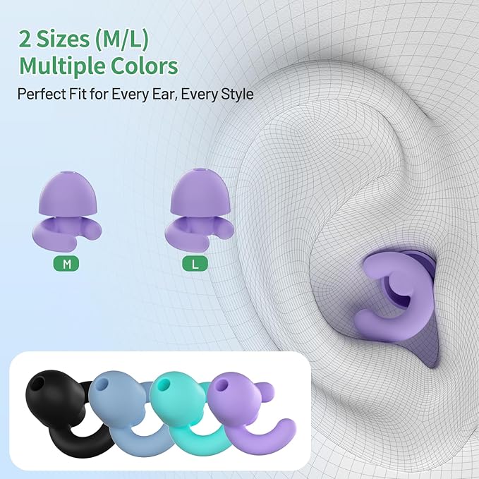 Noise Cancelling Ear Plugs for Sleep, Small Ear Fit - No-Pain for Side Sleepers, 33dB NRR Reusable Silicone One-Piece Design, 4 Sizes for Adults & Kids, Portable Case