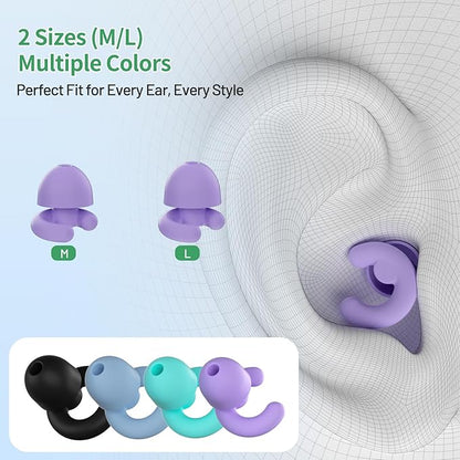 Noise Cancelling Ear Plugs for Sleep, Small Ear Fit - No-Pain for Side Sleepers, 33dB NRR Reusable Silicone One-Piece Design, 4 Sizes for Adults & Kids, Portable Case