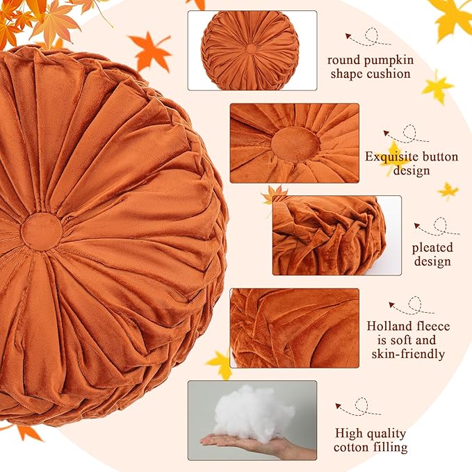 4 Pcs Round Throw Pillows Decorative Velvet Pleated Throw Pillows 15'' Diameter Accent Pumpkin Boho Chair Cushion for Couch Sofa Chair Bed Home Decoration (Fall Color)