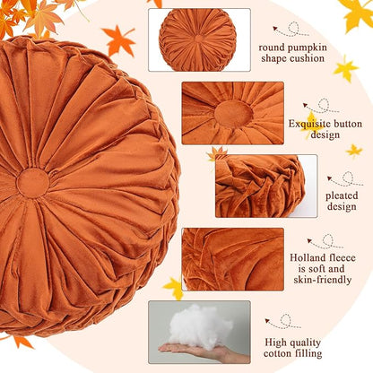 4 Pcs Round Throw Pillows Decorative Velvet Pleated Throw Pillows 15'' Diameter Accent Pumpkin Boho Chair Cushion for Couch Sofa Chair Bed Home Decoration (Fall Color)