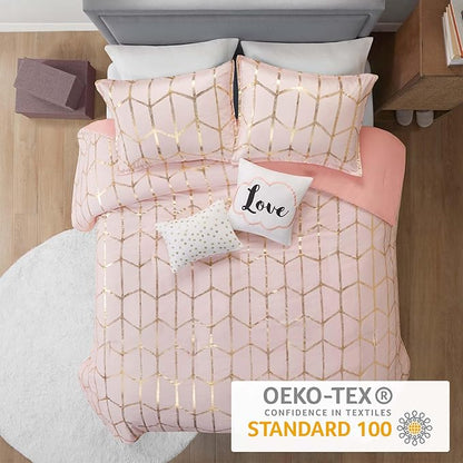 Intelligent Design Raina Twin/ Twin XL Comforter Set, Chic Geometric Metallic Bed Set for girls, 4 Pieces Dorm College Bedding with 1 Shams, 2 Toss Pillows, Blush/Gold