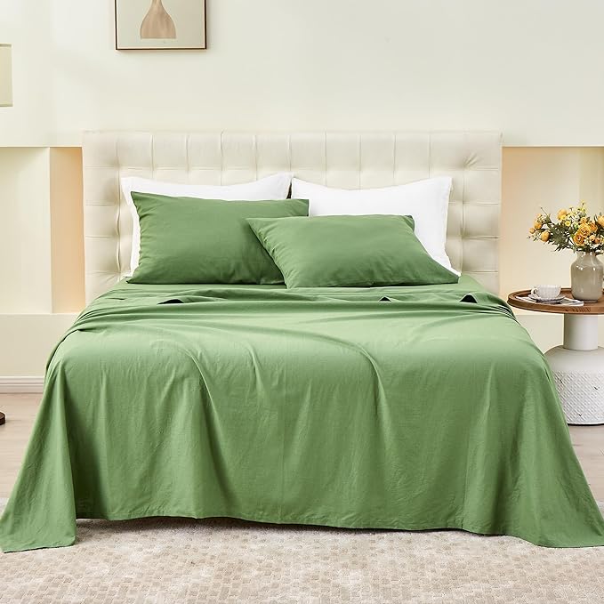 Simple&Opulence Belgian Linen Sheet Set Solid Color - 3 Pieces (1 Flat Sheet & 1 Fitted Sheet & 1 Pillowcase) Natural Flax Cotton Blend Soft Bedding Breathable Farmhouse - Khaki Green, Twin Size