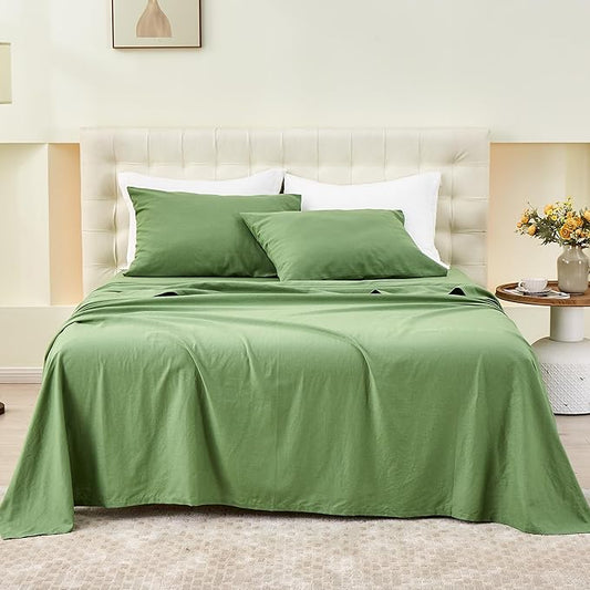Simple&Opulence Belgian Linen Sheet Set Solid Color - 4 Pieces (1 Flat Sheet & 1 Fitted Sheet & 2 Pillowcases) Natural Flax Cotton Blend Soft Bedding Breathable Farmhouse - Khaki Green, Queen Size