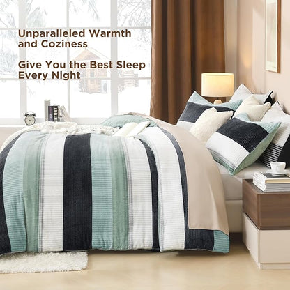Litanika Fluffy Fleece Full Size Comforter Set, Luxury Soft Plush Fuzzy Sage Green Stripe Bedding Comforter Sets, Warm Shaggy Faux Fur Bed Set All Season (1 Comforter, 2 Pillowcases)