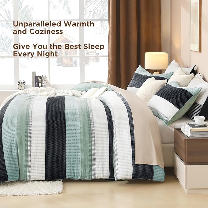 Litanika Fluffy Fleece Twin Comforter Set, Luxury Soft Plush Fuzzy Sage Green Stripe Bedding Comforter Sets, Warm Shaggy Faux Fur Bed Set All Season (1 Comforter, 1 Pillowcase)