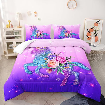 Dreamy Unicorn Comforter Sets King，Purple Dreamy Unicorn Bedding Sets 3PCS for Kids,Flowers and Gradient Purple Bedding Sets All Season 1 Comforter and 2 Pillowcases