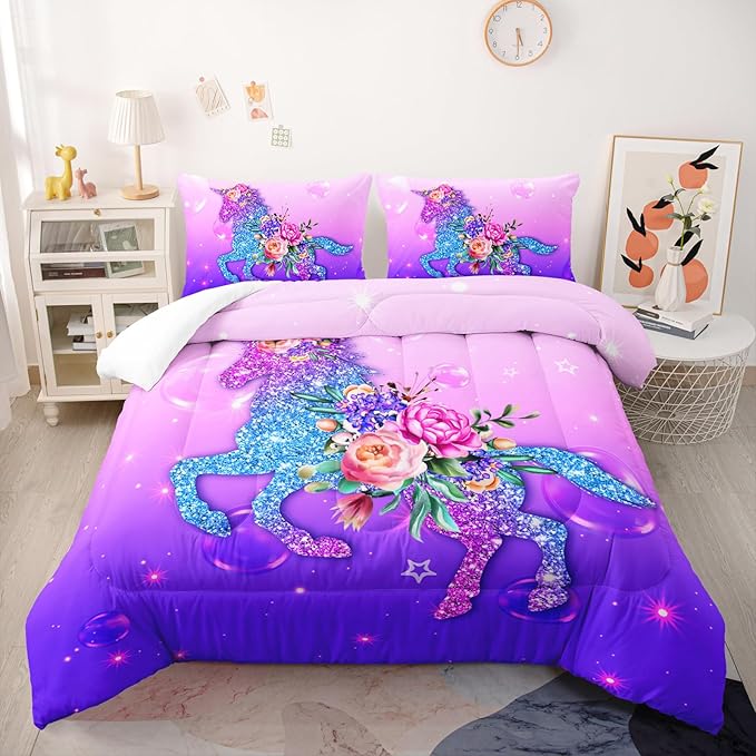 Violet Dreamy Unicorn Comforter Sets Full Size， Violet Dreamy Unicorn Bedding Sets for Kids,Flowers and Gradient Violet Comforter Sets All Season 1 Comforter and 2 Pillowcases