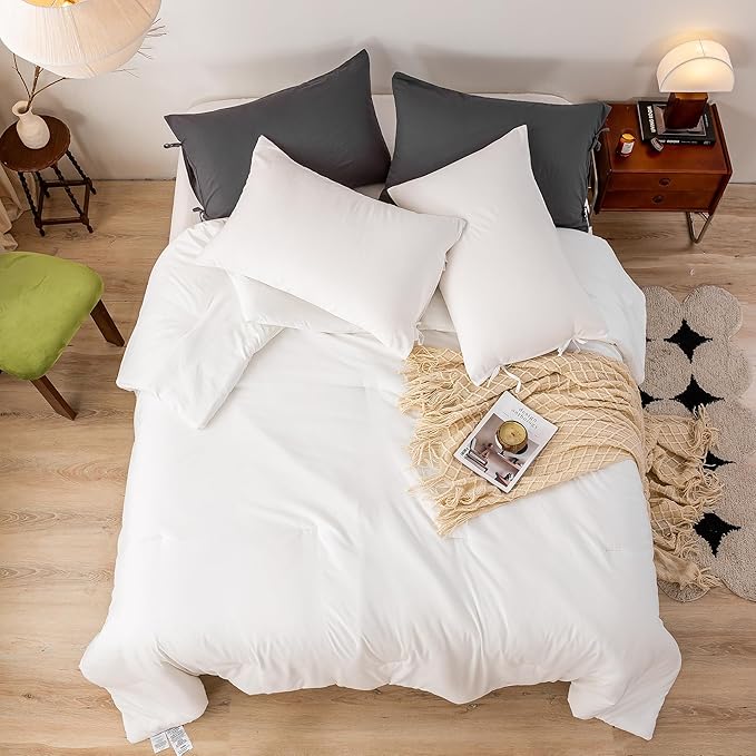 Ultra-Soft White Comforter Queen Size Bed - Comfy Cozy Washed Polycotton - Comfort Fluffy Bedding Blanket Down Alternative Comforter Set with Pillowcase - Lightweight but Warm All Season