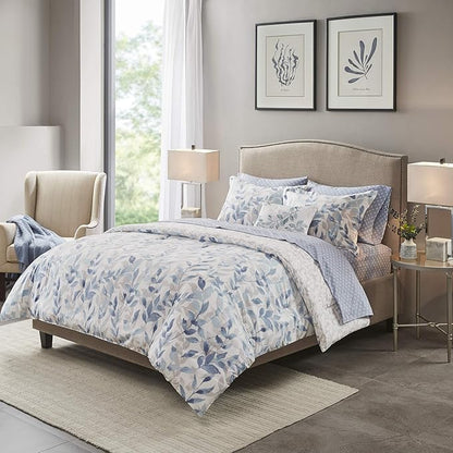 Madison Park Essentials Cozy Bed in a Bag Reversible Comforter with Complete Sheet Set - Modern Botanical Print All Season Cover, Shams, Decorative Pillow, Cal King(104"x92"), Blue 8 Piece