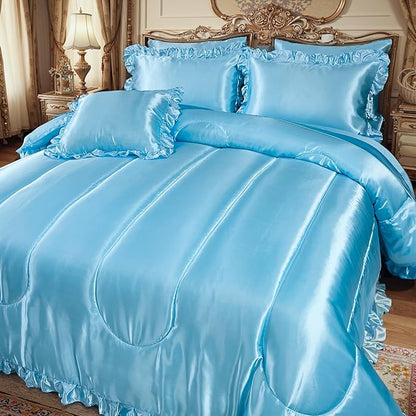 Silky Comforter Set with Sheet Set Queen 8 Pcs Baby Blue Bed in a Bag Light Blue Bedding Set Silk Like Satin Ruffle Pattern Home Deocr Sexy Hotel Silky Bed Set with 1 Cushion Cover