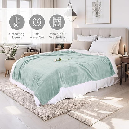 Electric Heated Blanket 84"x90" Queen Size Microplush Cover Blanket, 4 Heat Settings & 10 Hours Auto Off, Cozy & Warm for All Night, Machine Washable, Light Green