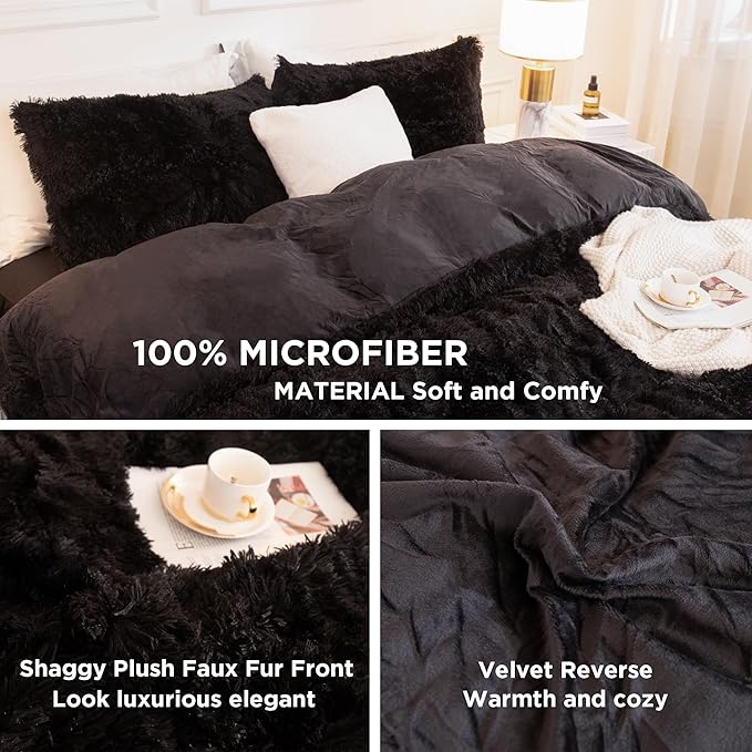 Andency Queen Comforter Set Black, Fluffy Winter Faux Fur Warm Soft Plush Bedding Comforter Set (1 Velvet Comforter & 2 Pillowcases), Fuzzy Thick Heavy Puffy Comforters Bed Set