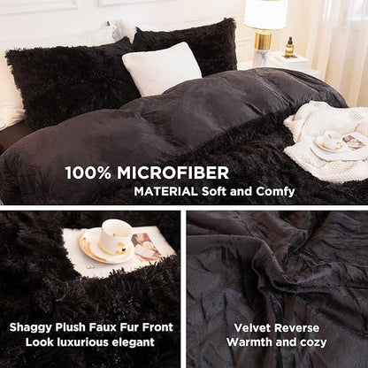 Andency Queen Comforter Set Black, Fluffy Winter Faux Fur Warm Soft Plush Bedding Comforter Set (1 Velvet Comforter & 2 Pillowcases), Fuzzy Thick Heavy Puffy Comforters Bed Set