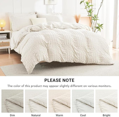 HYMOKEGE Ivory King Size Comforter Set Seersucker 7 Pieces, All Season Luxury Bed in a Bag for Bedroom, Bedding Set with Comforters, Sheets, Pillowcases & Shams