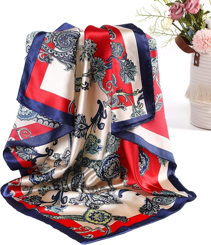 AWAYTR 35” Satin Large Square Head Scarves - 4PCS Silk Like Neck Scarf Hair Sleeping Wraps Satin Silk Scarfs for Women