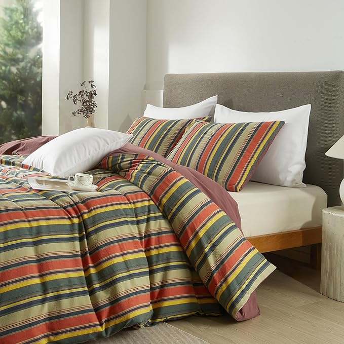 mixinni Queen Size Comforter Set 3 Pieces, Vintage Colorful Striped Washed Cotton Reversible Comforter with 2 Pillowcases, All Season Lightweight Bedding for Women & Men, Retro Mid-Century Style