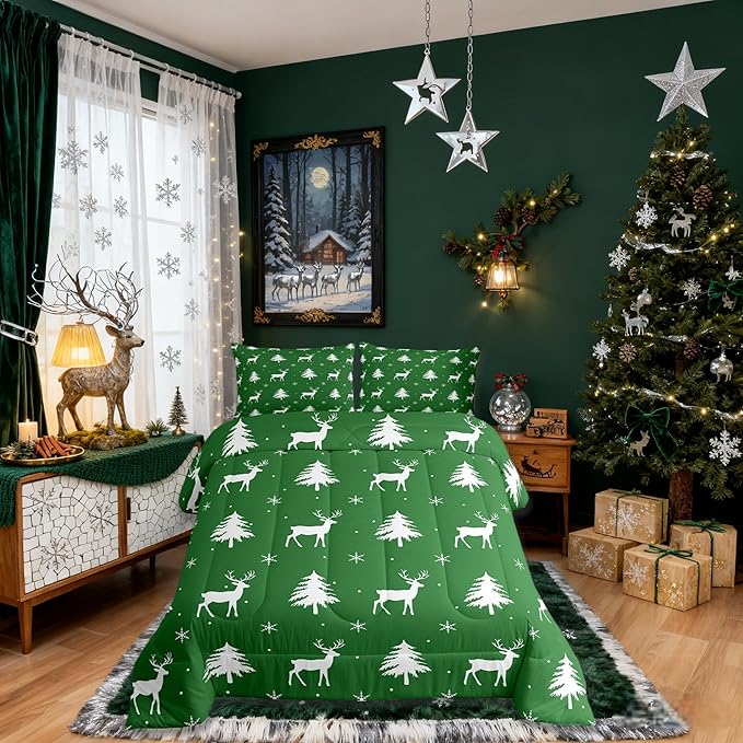 Christmas Deer Comforter Set Full Size,Snowflake Pine Tree Kids Bedding Set,Rustic Farmhouse Xmas Quilt Comforter,Green White Duvet Insert,2 Pillowcases