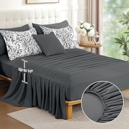 WONGS BEDDING Comforter Set King, 8 Pieces Black Gray Floral Botanical Plants Print Comforter, Soft Fluffy Microfiber Complete Bed in a Bag Bedding Sets for All Season (90"x104")
