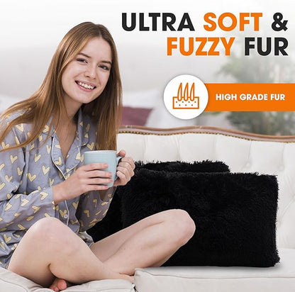Cheer Collection Throw Pillows for Couch and Bed, Soft Shaggy Throw Pillows with Inserts Included, Cozy Long Hair Faux Fur Pillows - Set of 2-12" x 20" - Black