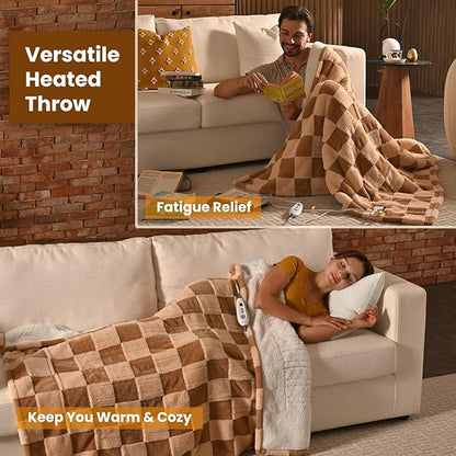 Bearhug Heated Throw Blanket 50" × 60", Electric Blanket Reversible Brown Plaid Sherpa, 4h Auto-Off Timer & 6 Heating Levels, Reversible Heated Throw, ETL Certified, Machine Washable, Gift Box