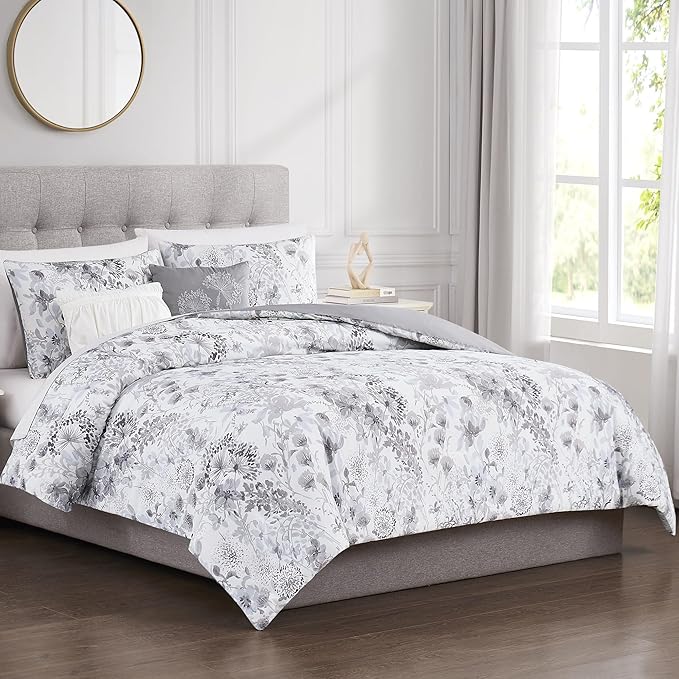 Modern Threads 5-Piece Printed Comforter Set, Giverny Queen in White Grey Blue – Soft Comforter, 2 Pillow Shams, and 2 Decorative Pillows