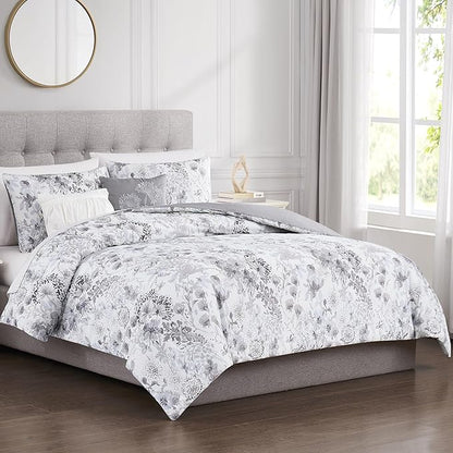 Modern Threads 5-Piece Printed Comforter Set, Giverny Queen in White Grey Blue – Soft Comforter, 2 Pillow Shams, and 2 Decorative Pillows