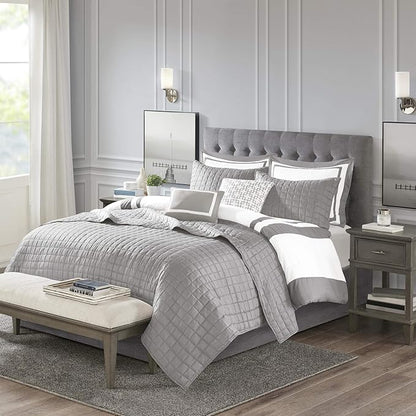 Madison Park Heritage Comforter Quilt Combo Set - Modern Luxury Design, All Season Down Alternative Bedding, Matching Shams, Decorative Pillows, King/Cal King(104"x92"), Color Block Grey 8 Piece