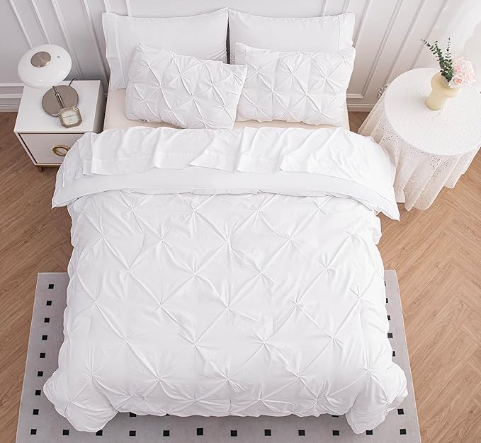 LANE LINEN Twin Comforter Set, 5 Piece Twin Bedding Sets, Ultra Soft Pintuck Twin Bed in a Bag Set with Down Alternative Comforter, Sheets, Pillowcase & Sham, Pinch Pleated Bedding Set - White