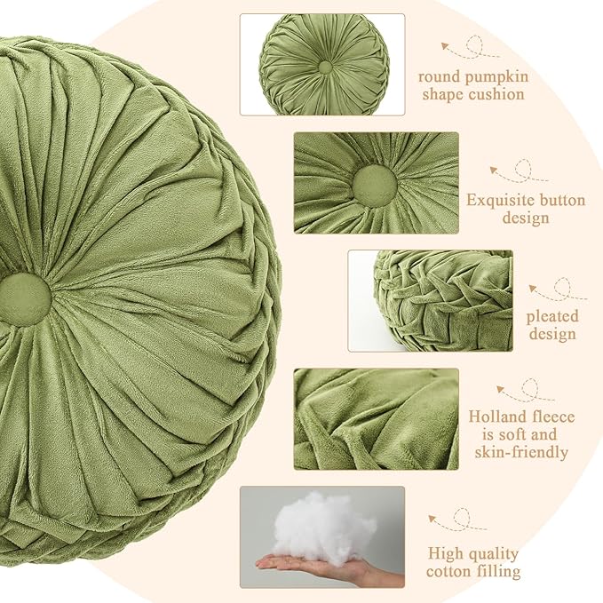 2 Pcs Round Throw Pillows Decorative Velvet Pleated Throw Pillows 15'' Diameter Accent Pumpkin Boho Chair Cushion for Couch Sofa Chair Bed Home Decoration (Olive)