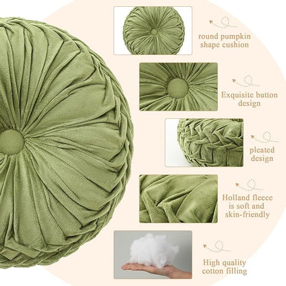 2 Pcs Round Throw Pillows Decorative Velvet Pleated Throw Pillows 15'' Diameter Accent Pumpkin Boho Chair Cushion for Couch Sofa Chair Bed Home Decoration (Olive)