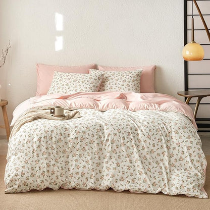 Wake In Cloud - Floral Comforter Set with Sheets, Coquette Cottagecore Aesthetic Flower Shabby Chic Pattern for Women Teen Girls, 7 Pieces Bed in a Bag, Peach Blush, Full Size