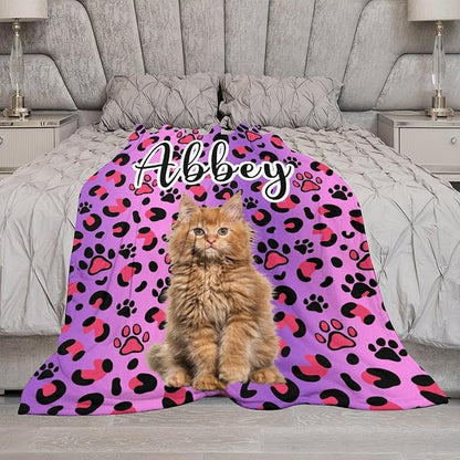 Custom Pet Name Blanket Personalized Dog Memory Blankets with Photos Customized Puppy Blanket for Large Medium Small Dog, Dog Gift for Dog Lovers Mom Dad Cute Dog Cat Paw Prints