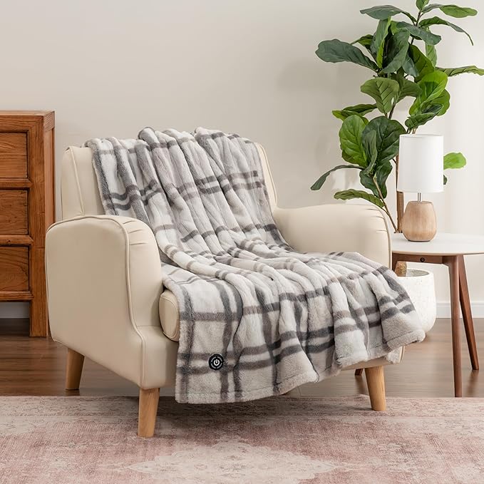 Berkshire Blanket Heated Throw Blanket, Grace Fur to Loftmink Reversible Electric Throw with 4 Heat Levels, Fast Heating Printed Throw for Couch and Bed, Auto Shut-Off Feature (50"x60")