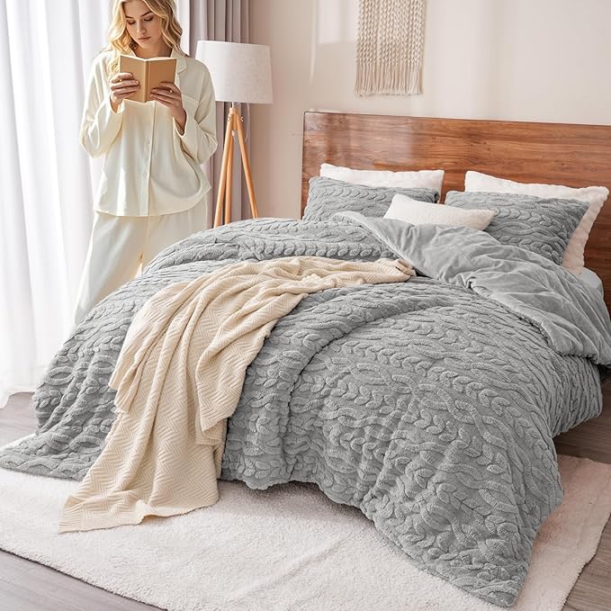 PHF Fluffy Sherpa Fleece King Comforter Set, 3 Pieces Warm Fuzzy Soft Bedding for Winter, 3D Tufted Flannel Plush Shaggy Bed Set, 1 Comforter (104"x90") and 2 Pillowcases (20"x36"), Grey