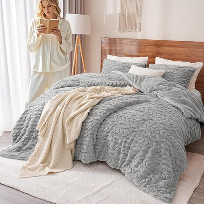 PHF Fluffy Sherpa Fleece Queen Comforter Set, 3 Pieces Warm Fuzzy Soft Bedding for Winter, 3D Tufted Flannel Plush Shaggy Bed Set, 1 Comforter (90"x90") and 2 Pillowcases (20"x26"), Grey