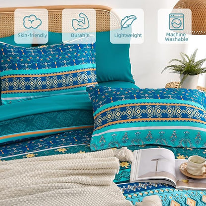 Comforter Set King Size Boho,7 Pieces Bohemian Bedding Comforter Set Striped Bed in a Bag,Turquoise Blue Paisley Floral Comfortet and Sheet Set,Soft Microfiber Bedding Sets for All Season