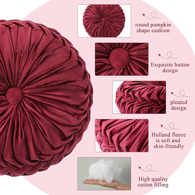 1 Pcs Round Throw Pillows Decorative Velvet Pleated Throw Pillows 15'' Diameter Accent Pumpkin Boho Chair Cushion for Couch Sofa Chair Bed Home Decoration (Wine Red)