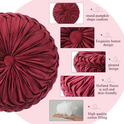 1 Pcs Round Throw Pillows Decorative Velvet Pleated Throw Pillows 15'' Diameter Accent Pumpkin Boho Chair Cushion for Couch Sofa Chair Bed Home Decoration (Wine Red)